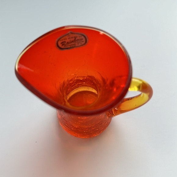 VTG Rainbow Art Glass Hand Blown Mini Crackle Glass Pitcher Orange & Yellow 3”H - Picture 4 of 8